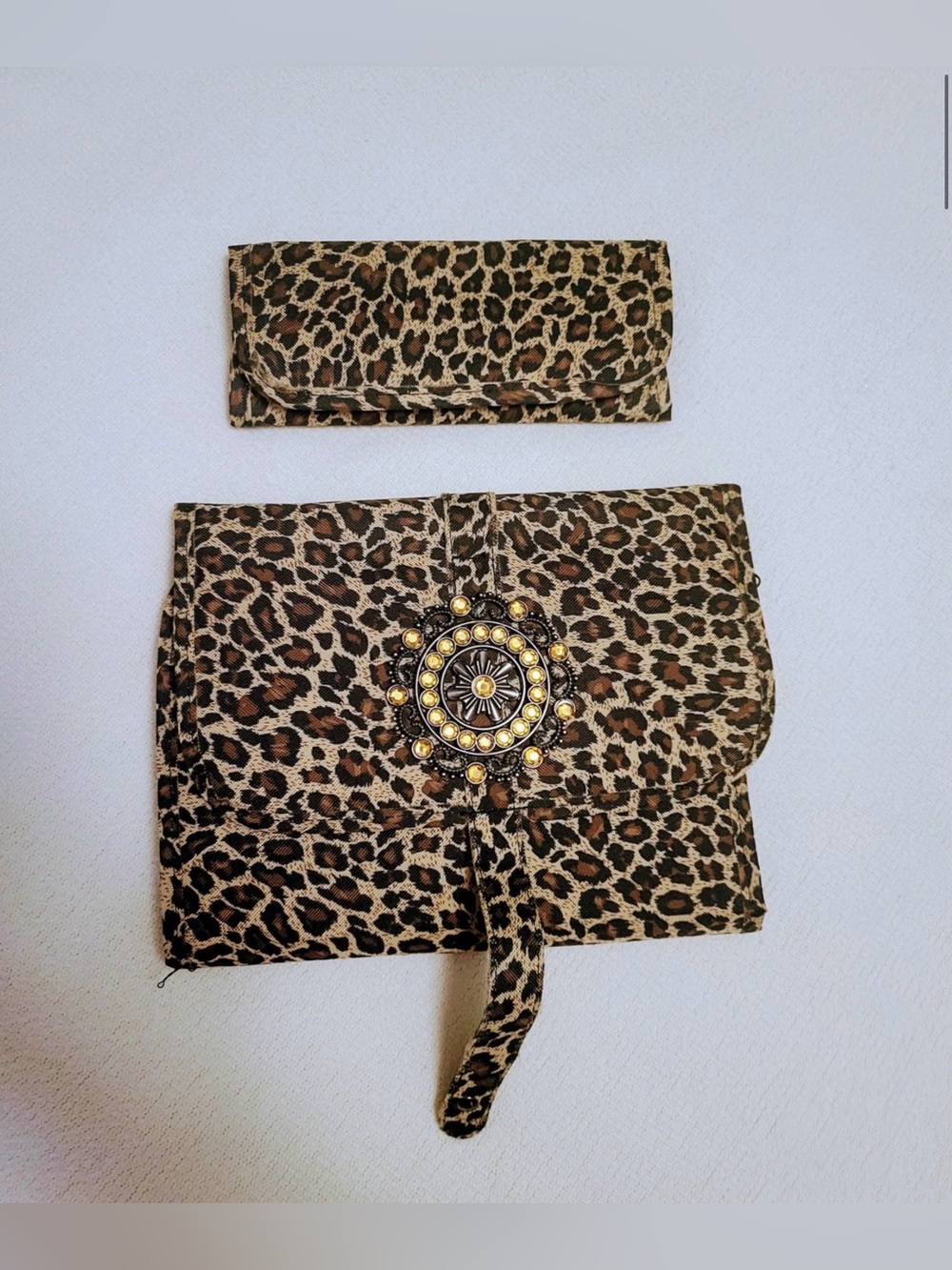 Leopard Print Fold-Over Clutch jewelry, travel organizer .Set OF 2